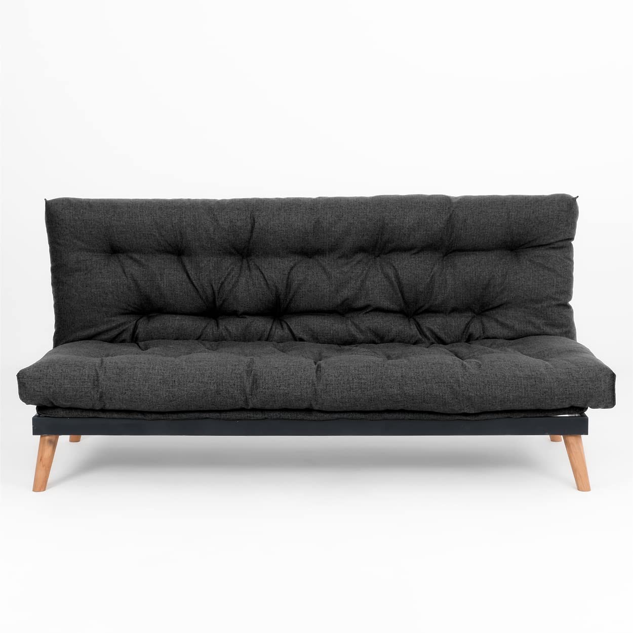 EVERGREENWEB Divano Letto 3 Posti con Materasso Futon Imbottito, Schienale e Testiera Reclinabile Clic Clac e Trasformabile in Comodo Letto una Piazza e Mezza, Tessuto Grigio Scuro Gambe in Legno SAKE