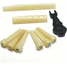 CashBeat Unbleached Bone Guitar Set - Acoustic Guitar Bone Nut Saddle & 6pcs Bridge Pins with Abalone Shell Dots, Complete Replacement Kit Compatible with YMH FG Acoustic Guitars