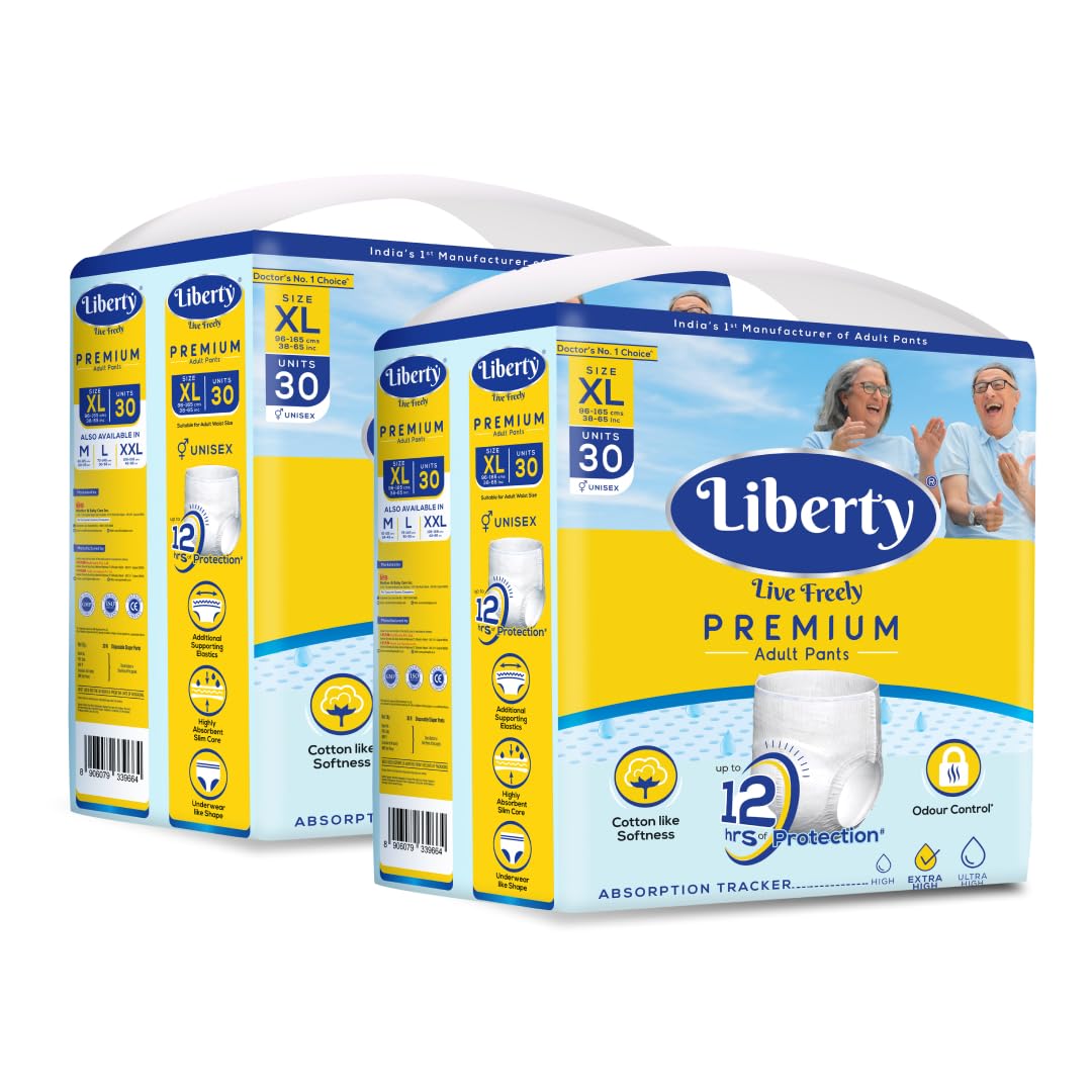 Liberty Premium Adult Diaper Pants, Extra Large (XL) 60 Count, Waist Size (96-165cm | 38-65 inches), Unisex, Leak Proof, Extra Elastics, High Absorbency, 12 Hrs protection, Pack of 2, 30 count/pack
