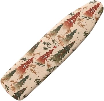 Green Red Pine Tree Ironing Board Cover, Christmas Tree Grade Standard Size 15"x54" Elastic Edge and Straps, Minimalist Style Beige 3 Fasteners, Easy Installation