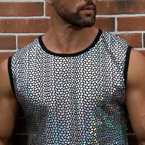 ABAFIP Men's Rave Tanks Shiny Holographic Tank Top Sleeveless Reflective Disco Dance Shirts Streetwear4