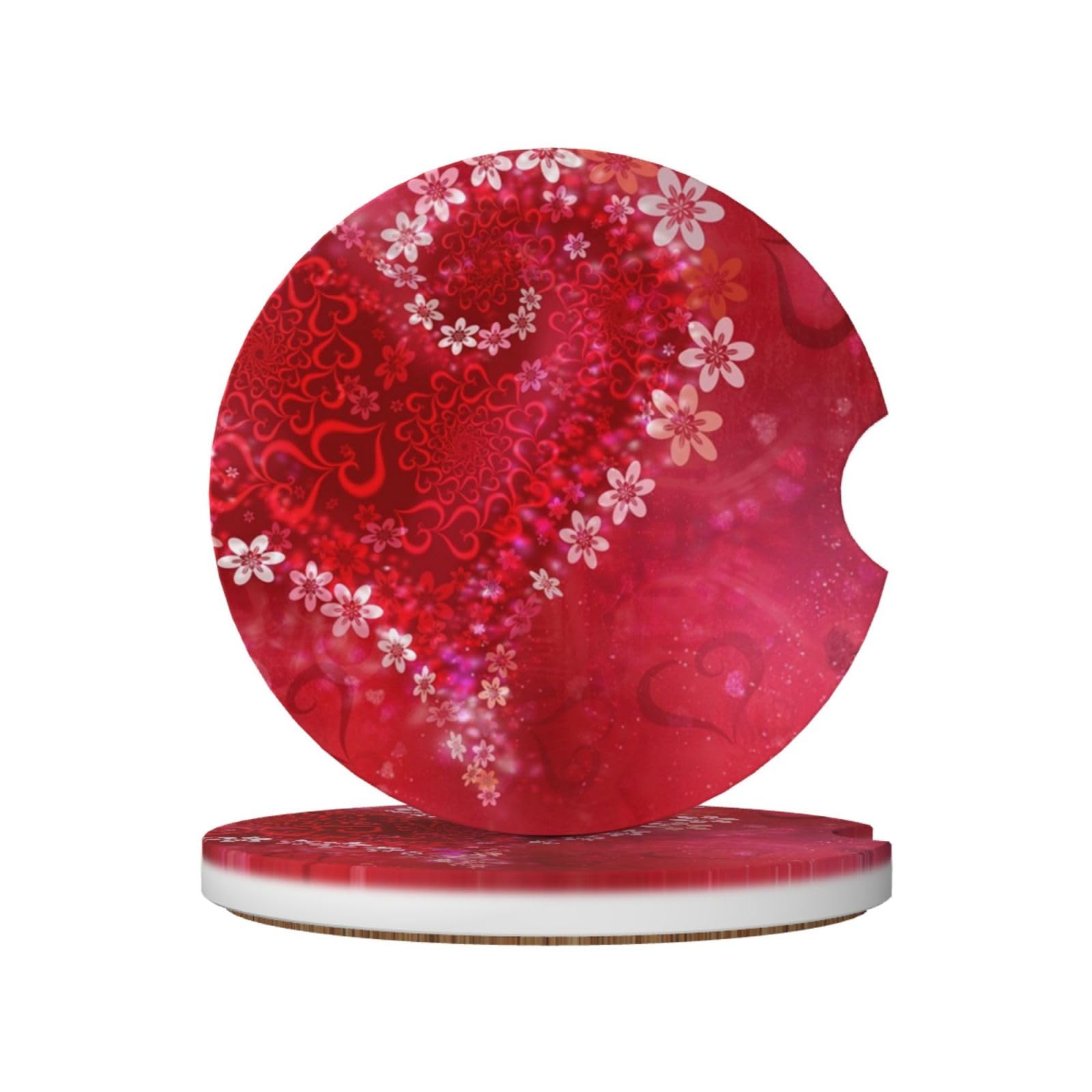 Valentine Day Heart Flower, Car Cup Holder Coasters 2 Pack, Absorbent Ceramic Car Coasters with Non Slip Cork Base
