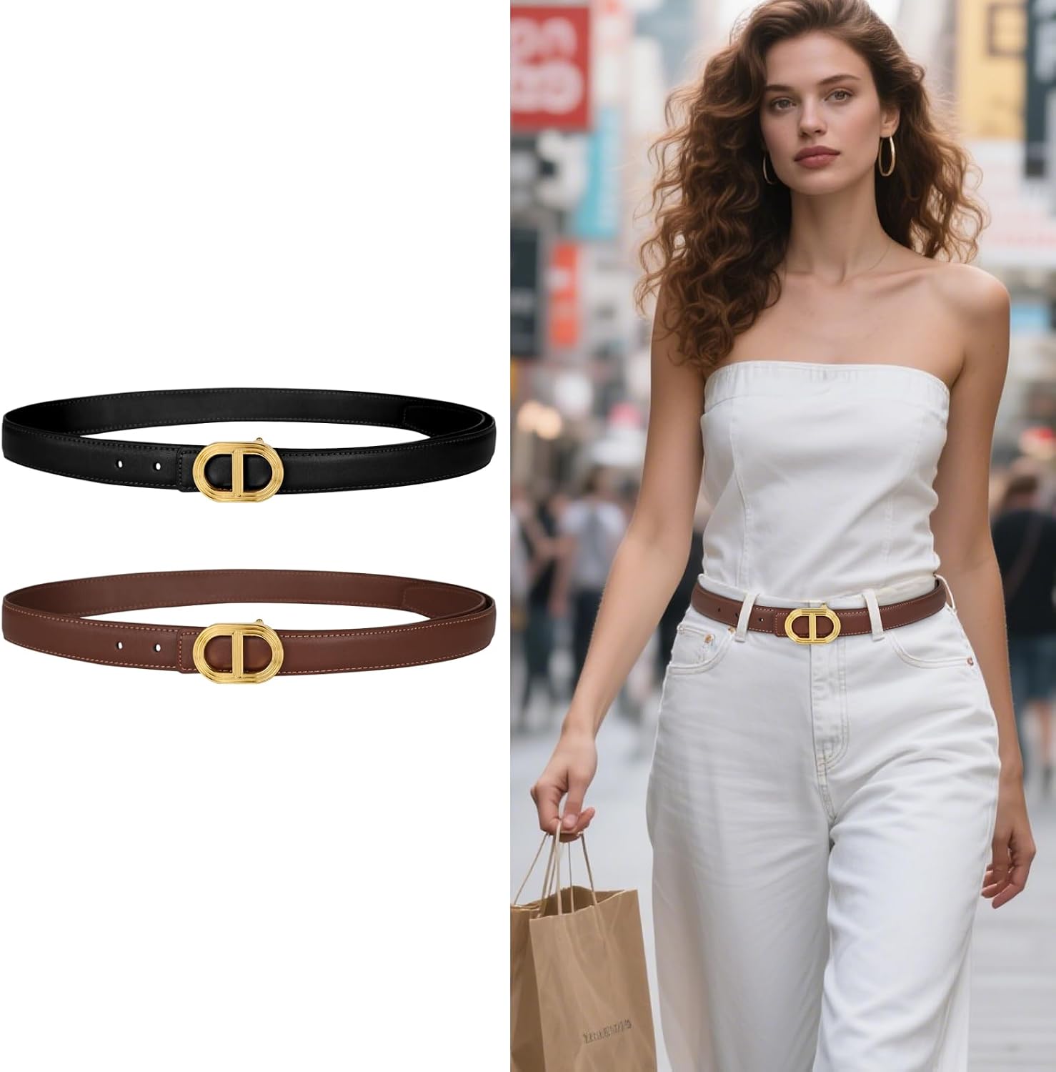  Women's Belts with Gold Buckle, Fashion Waist Band, Elegant Ladies' Belt, Gift for Women thumbnail