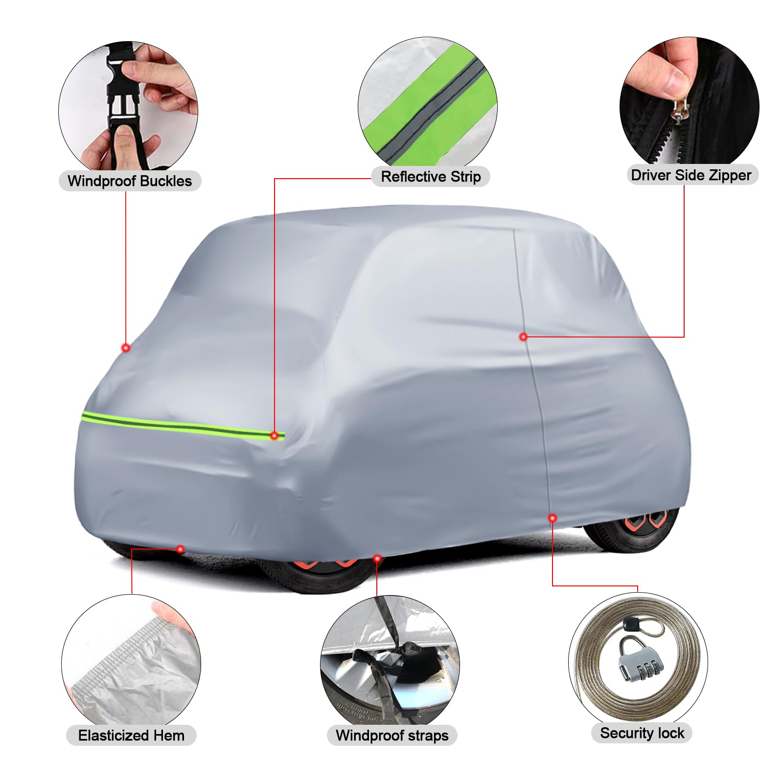 Telo Copriauto Sostituzione per Citroen Ami/O-pel Rocks-e/Electric/F-iat Topolino 2020-2024, Copertura Auto Protettiva Dell'auto, Telone Garage Completo Impermeabile Strisce Riflettenti, Argento