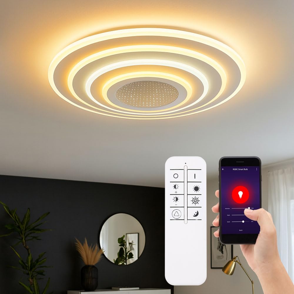 Smart Home Deckenleuchte LED CCT Wohnzimmer Smart Deckenlampe App Schlafzimmer, mit Fernbedienung dimmbar, 1x Smart LED 40W 3000-6500 Kelvin, DxH 42x6,7 cm