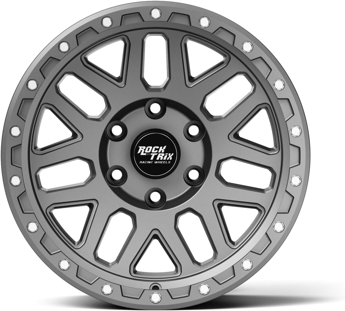 RockTrix RT110 17x9 Matte Gunmetal Off Road Wheels 6x139.7 Bolt Pattern (6x5.5) -12mm Offset, 17 Inch Rims Compatible with Chevy Colorado Silverado 1500 and fits GMC Canyon Sierra 1500