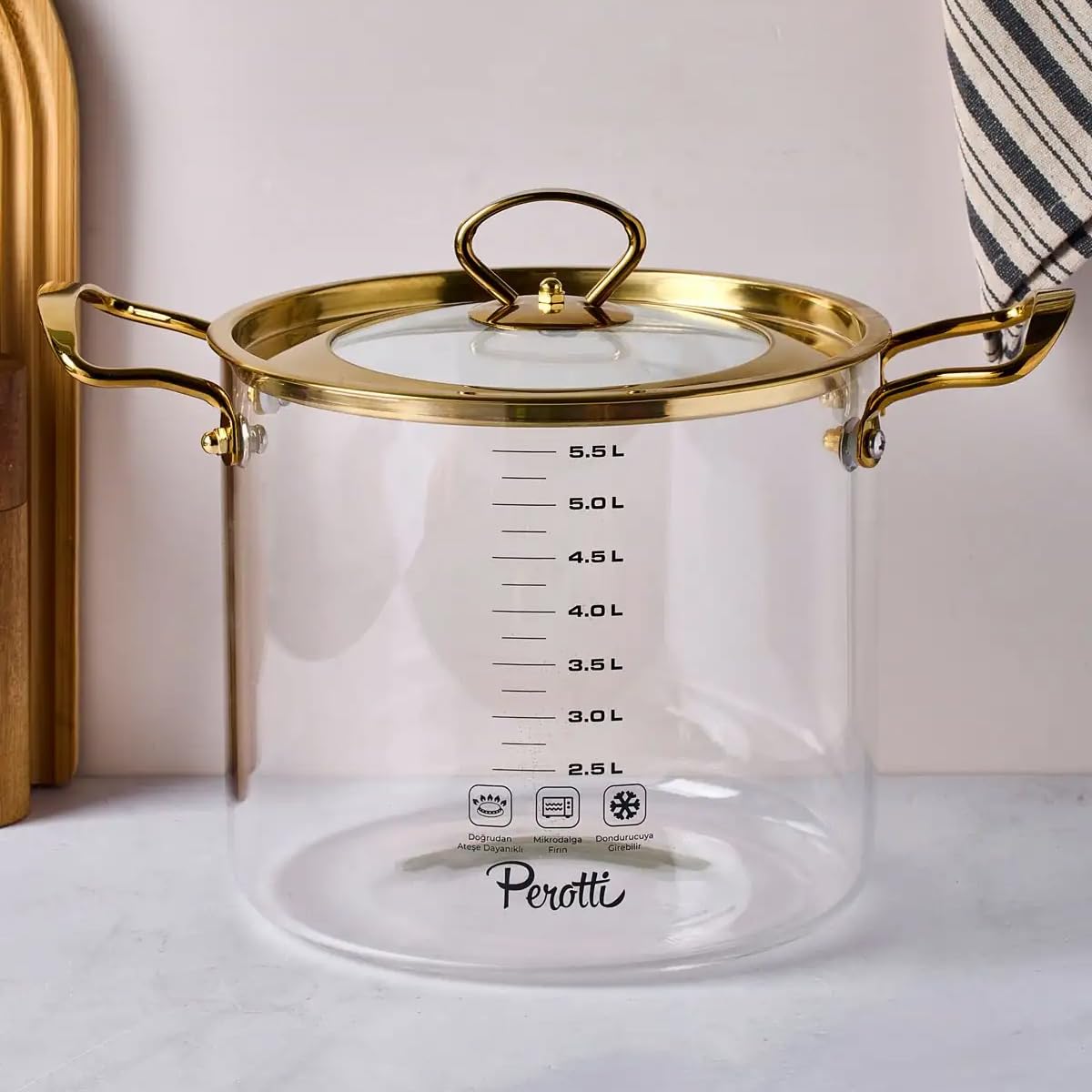 Perotti Logan Gold Kapaklı 5,5 L Cam Tencere 20x20 cm