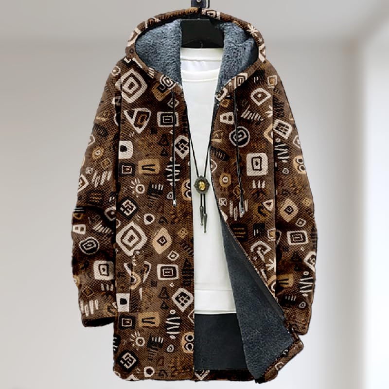 Mens Cardigan Sweatshirt Vintage Print Zip Up Fleece Sherpa Lining Hooded Jacket Warm Winter Long Coat with Pocket - Image 2