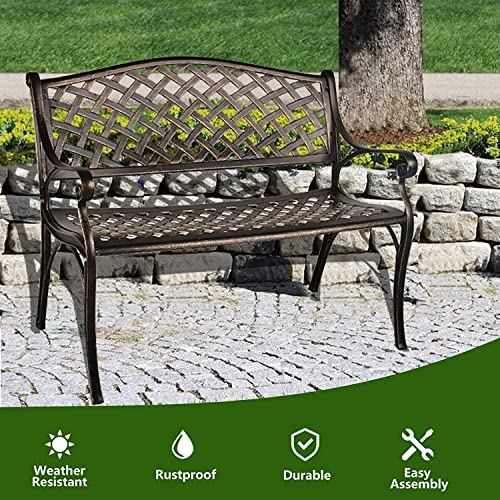 Titimo 41” Outdoor Garden Bench With Armrests Sturdy Cast Aluminum Porch Loveseat Chair For All-Weather Patio Park Path Yard Lawn Work Entryway Decor Deck (Black) #TOP3