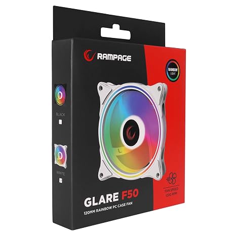 Rampage GLARE F50 38CFM 1200RPM 12cm Rainbow 3P+4P Molex Soketli Kasa Soğutma Fanı 38CFM 1200RPM 12cm Gökkuşağı (SİYAH)