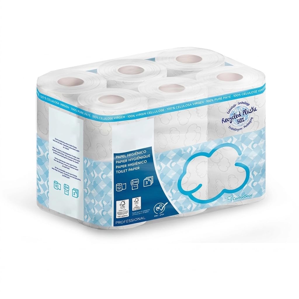 Pack 96 rollos papel higiénico 3 capas pasta celulosa virgen Ecolabel 150 servicios acabado gofrado uso doméstico hoteles oficinas colegios hospitales formato ahorro