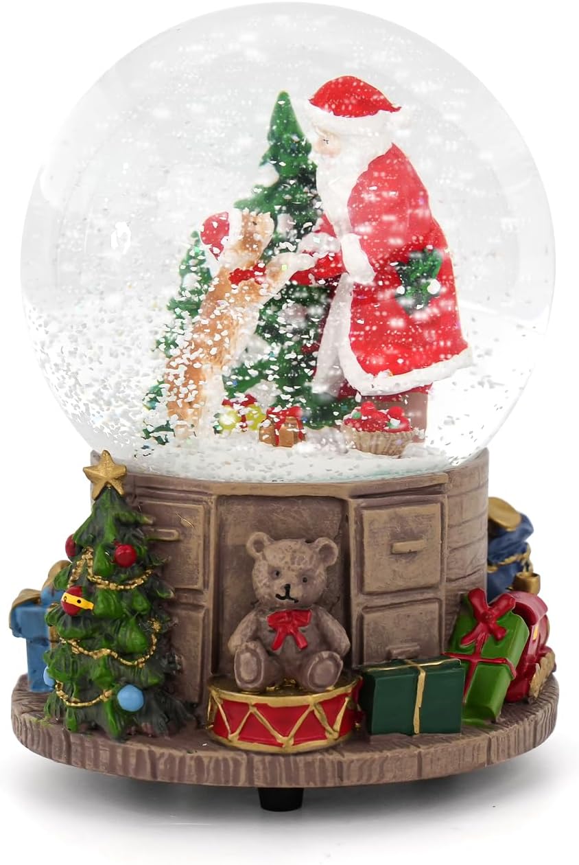 Snow Globe Christmas Tree Santa and Gift Snowglobe with Music Birthday Party Decorations Creative Collectibles (GS8400-100MM)
