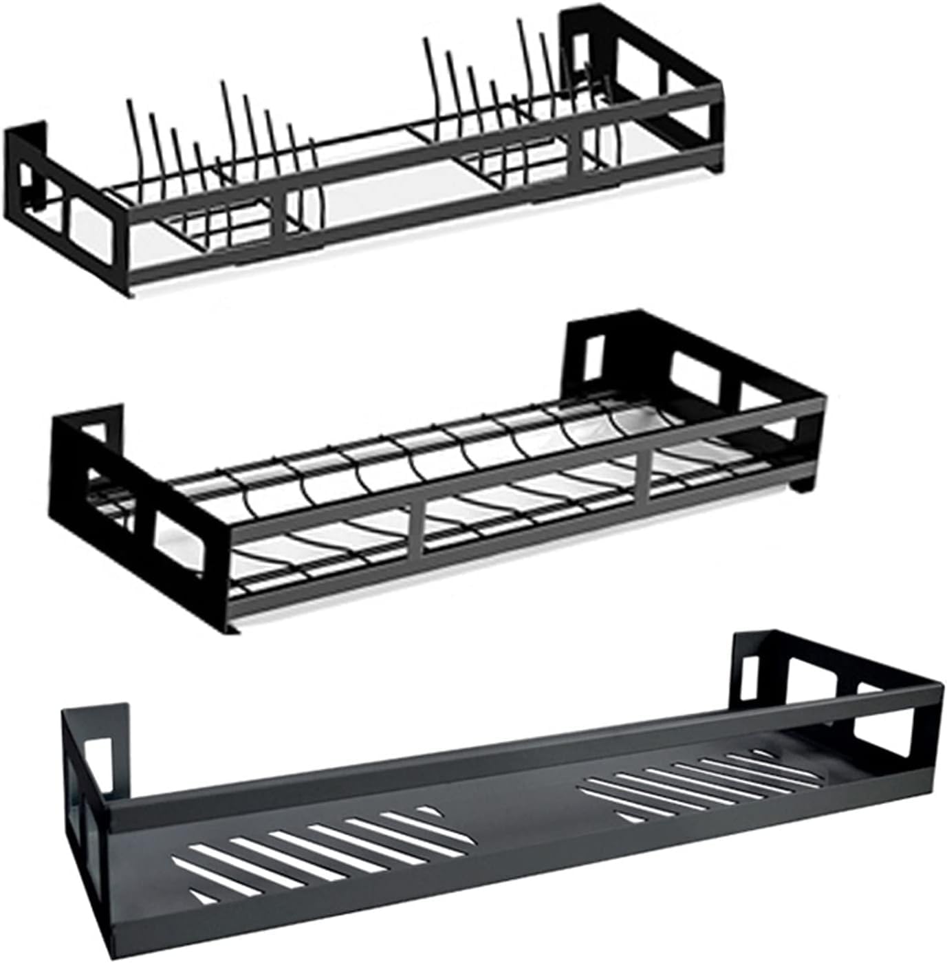 MYUYEE Wall-Mounted Metal Dish Rack With Drain Pan - Space-Saving Kitchen Storage Shelf For Dish Drying And Spice Organization - Black
