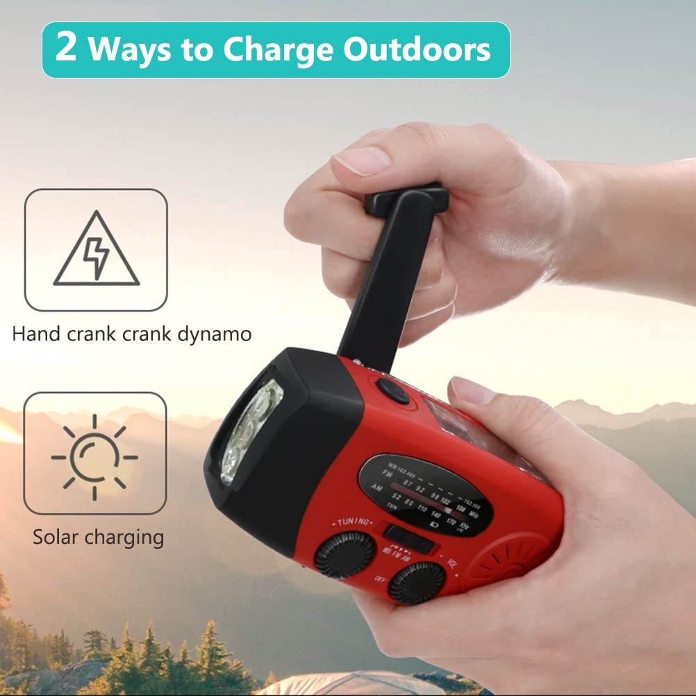 Radio Solaire avec Dynamo À Manivelle, Radio D'urgence Portable Radio Météo Solaire AM/FM avec Lampe de Poche LED, Radio WB Rechargeable Alimentée Batterie 2000 Mah pour La Randonnée, Le Camping