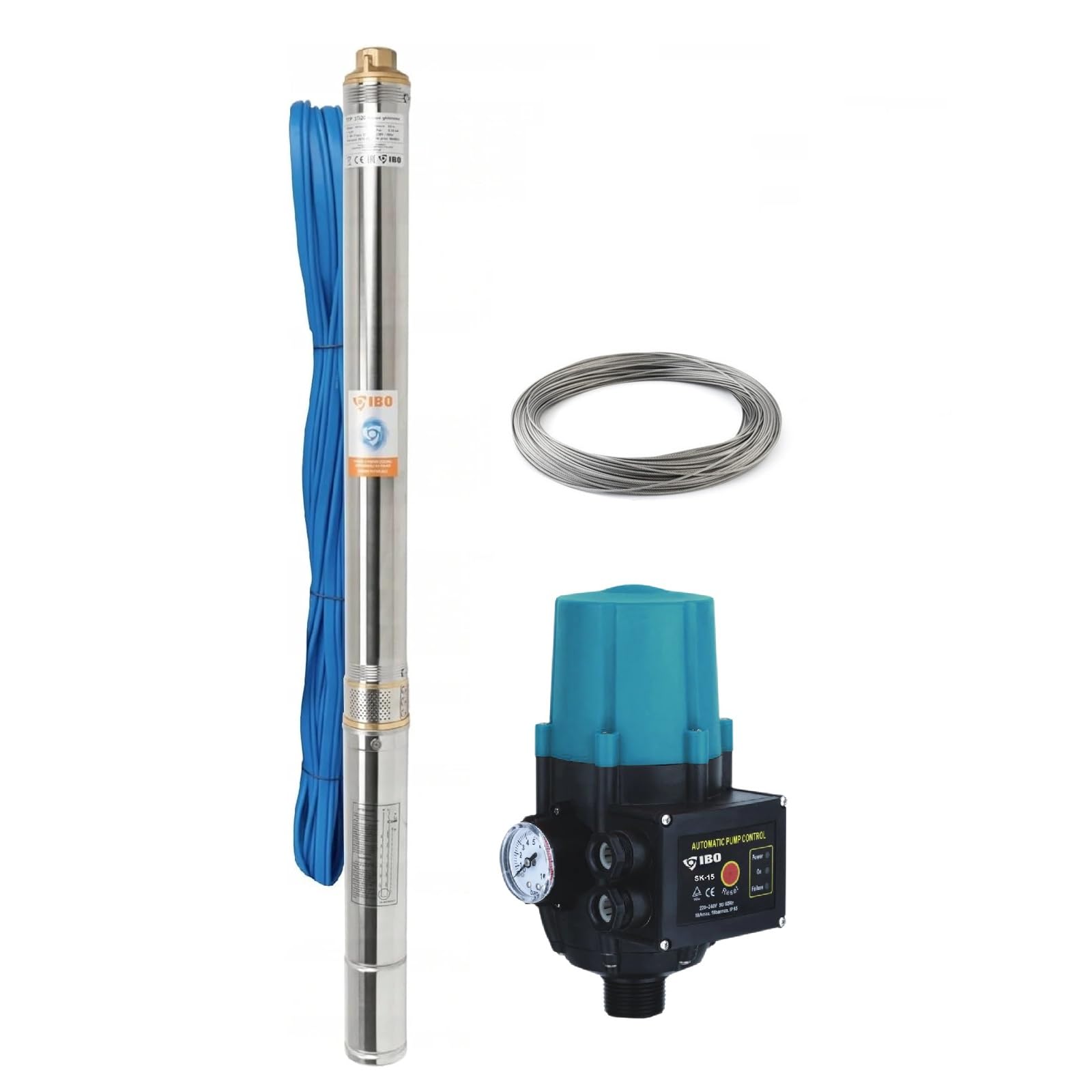 Tiefbrunnenpumpen-Set IBO 3Ti20 550W Tiefbrunnenpumpe | Druckschalter SK-15 Pumpensteuerung | Ablassseil 30 Meter | 50 l/Min, 82 m Förderhöhe | 20 Meter Kabel