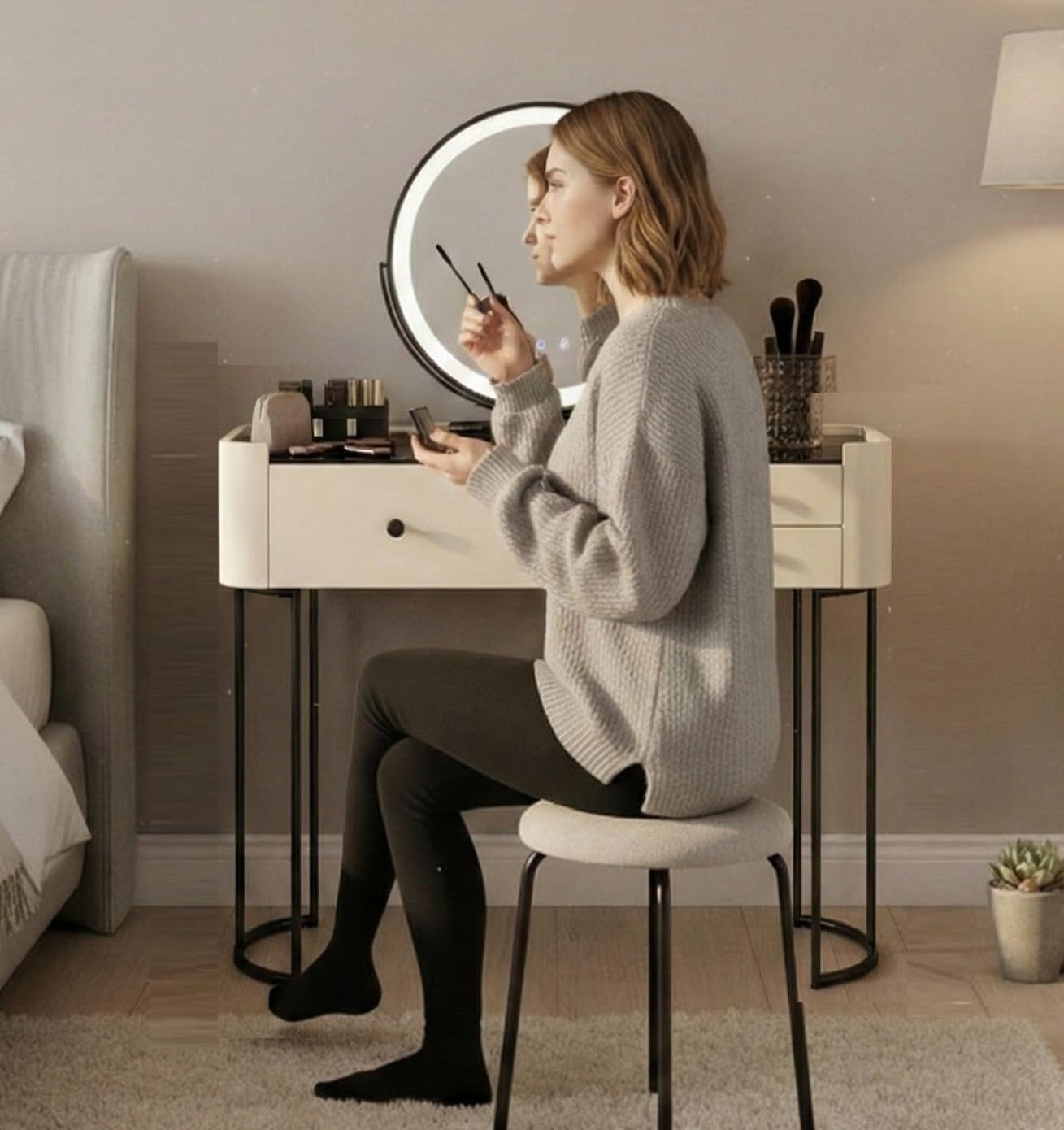 Nouvage Design Premium Dressing Table with Adjustable LED Mirror in White Black 80cm Dressing Table with Mirror Bedroom Dressing Tables including 2 drawers - Image 7