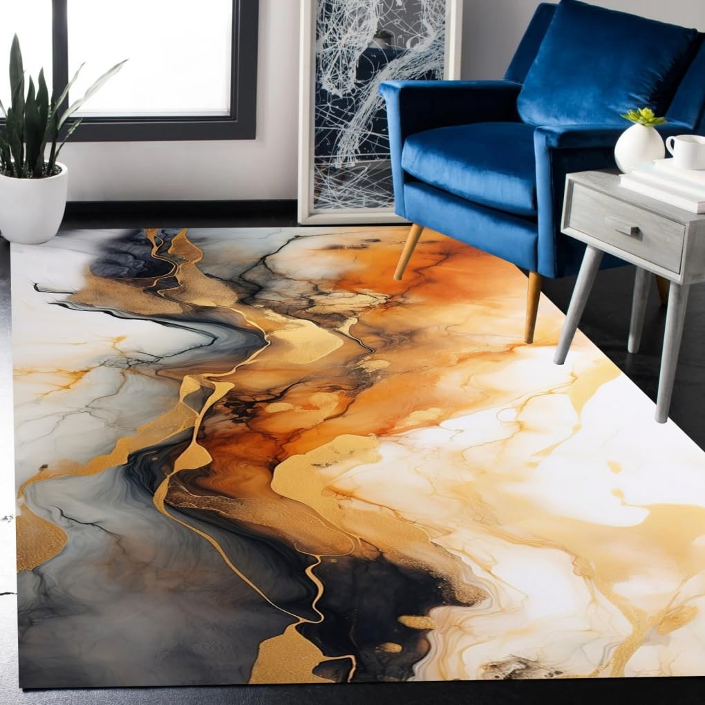 Orange Grey Gold Modern Abstract Marble Texture Area Rug for Livingroom Bedroom Diningroom Contemporary Aesthetics Home Office Meetingroom Floor