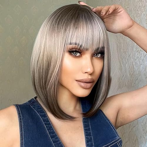 Miniatura 10 de Colorful Queen Pelucas Bob con flequillo, pelucas cortas estilo Bob para mujer, mezcla de negro, marrón, Yaki, pelucas de pelo sintético lacio,