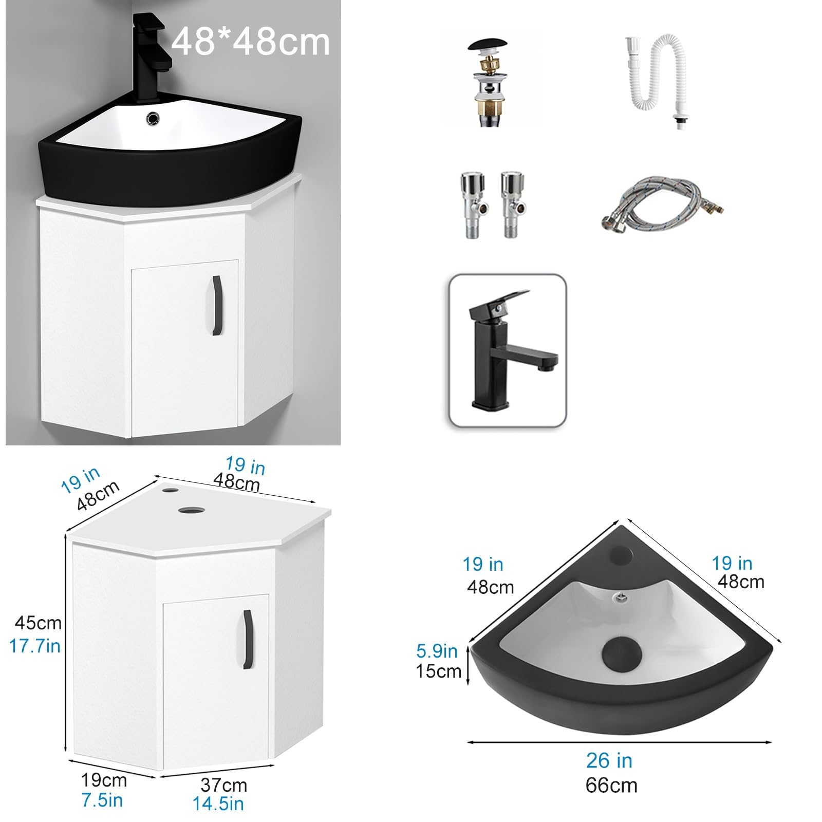 Nowoczesny czarny narożny zestaw łazienkowy z szafką do montażu na ścianie ceramiczna umywalka zlew chromowany kran i wyskakujący odpływ w kształcie litery U 48 x 48 cm, czarny - 48 x 48 cm