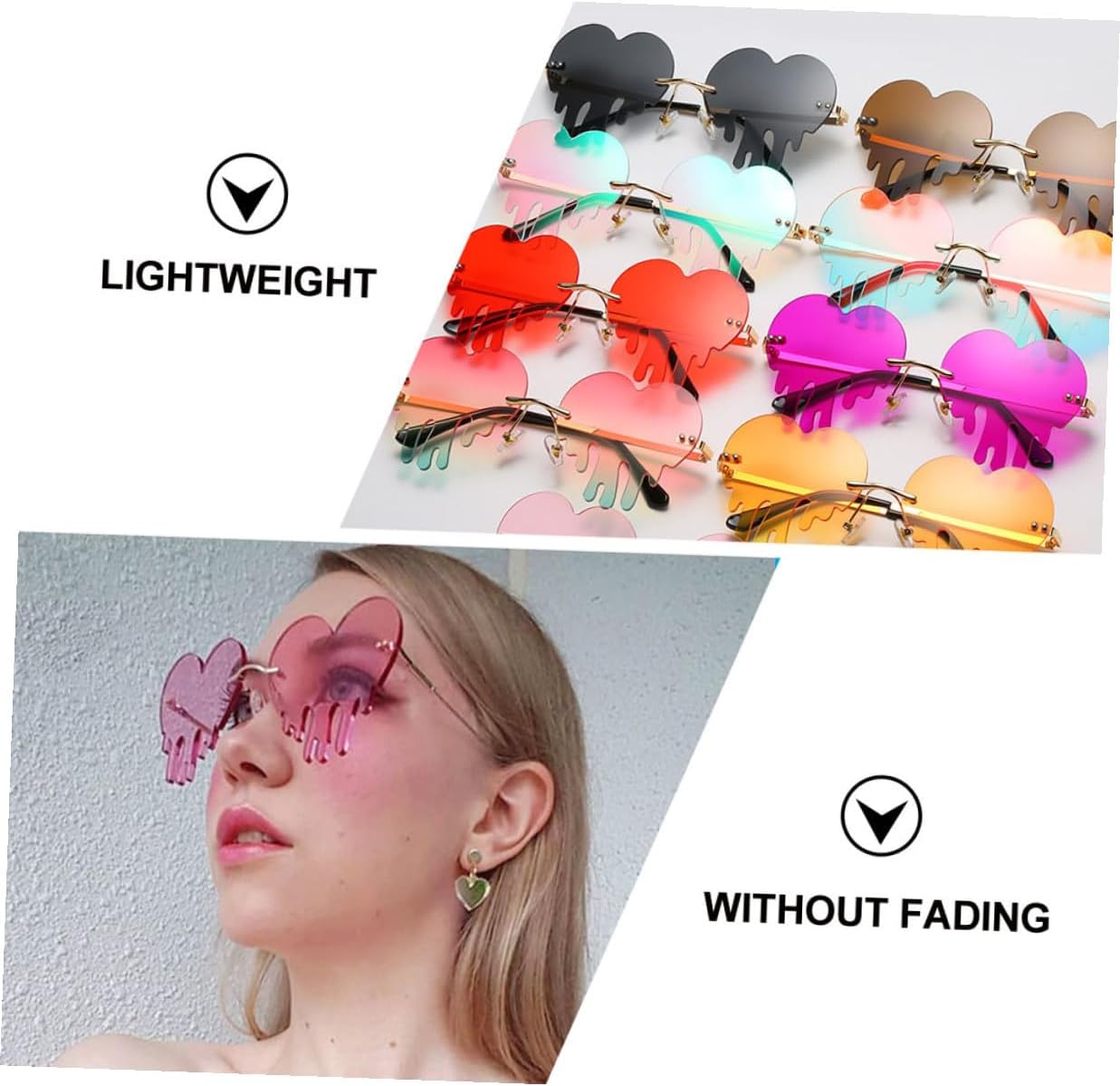 NOLITOY Stylish Rimless Heart-shaped Sunglasses for Women, Purple Color, Creative Party Eyewear, Beach and Valentine’s Day Accessories