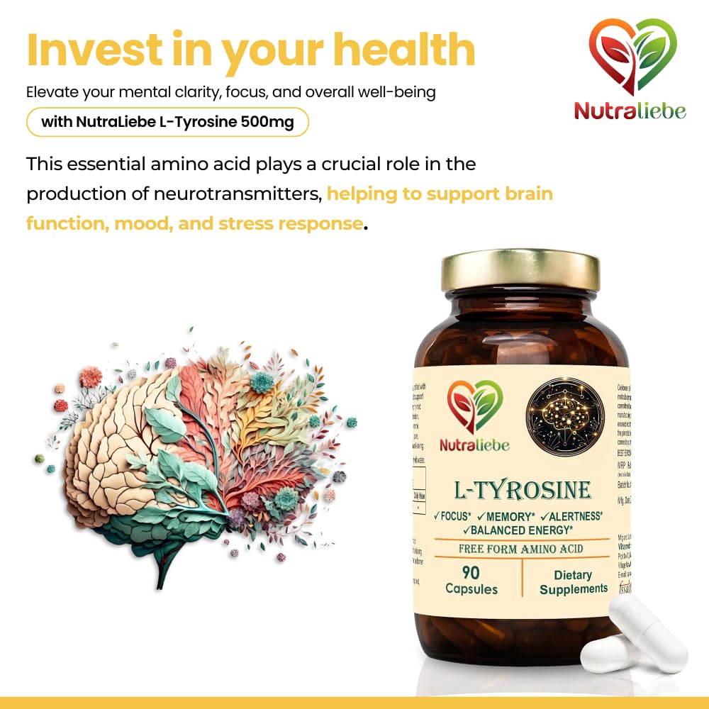 NutraLiebe L-Tyrosine 500mg - Free Form Amino Acid, Non-GMO, 90 Capsules - Image 4 thumbnail