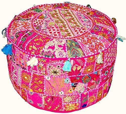 Sophia-Art Indian Embroidered Patchwork Cover Indian Decorative Pouf Indian Comfortable Floor Cotton Cushion Ottoman Pouf,Indian Designs Ethnic Patchwork Pouf (Pink, 14"x22")