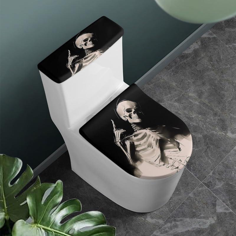 Daulesho Black White Skull 2 Pieces Toilet Lid Cover Sets Hand Draw Skull Toilet Lid Tank Lid Dust Cover Funny Gothic Skeleton Universal Fit Toilet Covers Bathroom Decor