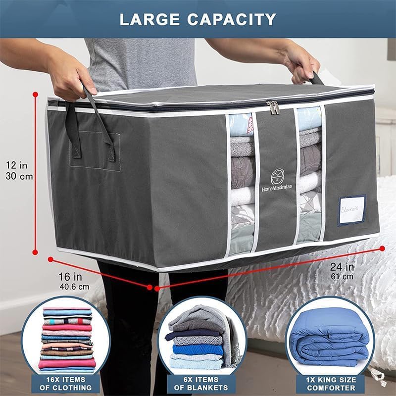 Clothes Storage Bag Organizer for, Blankets, Clothing, Comforters and Bedding Sets - Stackable with Zippers - Clear Window (Grey) image 4