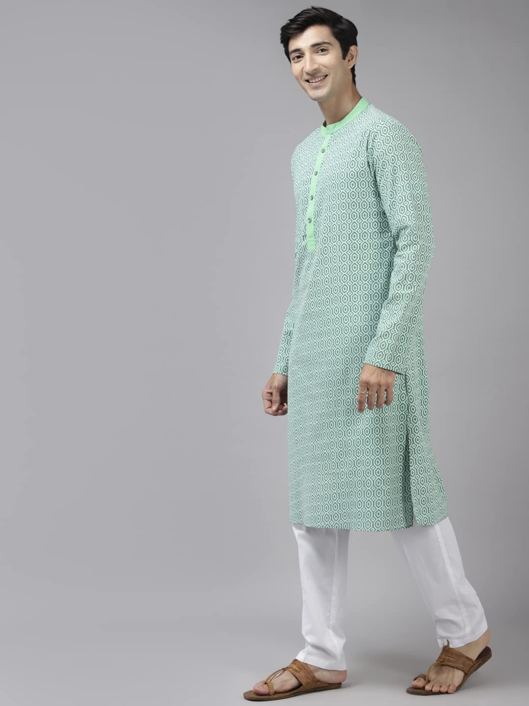 See Designs Men Green & White Printed Pure Cotton Straight Kurta_Sdkt1035M