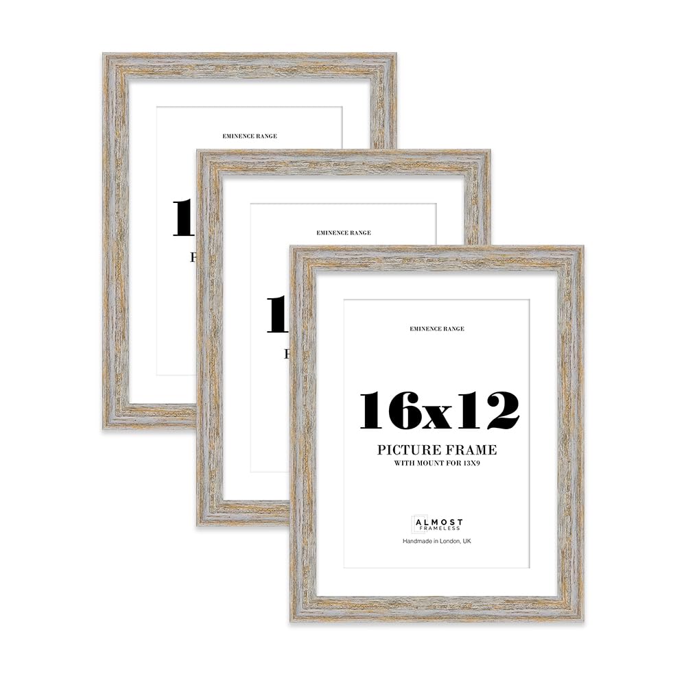 16x12" Walnut Woodgrain Picture Frame with 13x9" Mount - Shabby Chic Photo Frame with Distressed Finish, Wall Hooks, 32mm Edge - 3 Pack