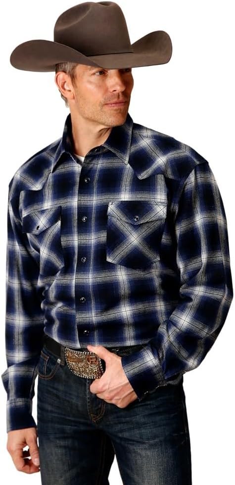 MENS LONG SLEEVE SNAP UNLINED FLANNEL PLAID SHIRT WESTERN SHIRT