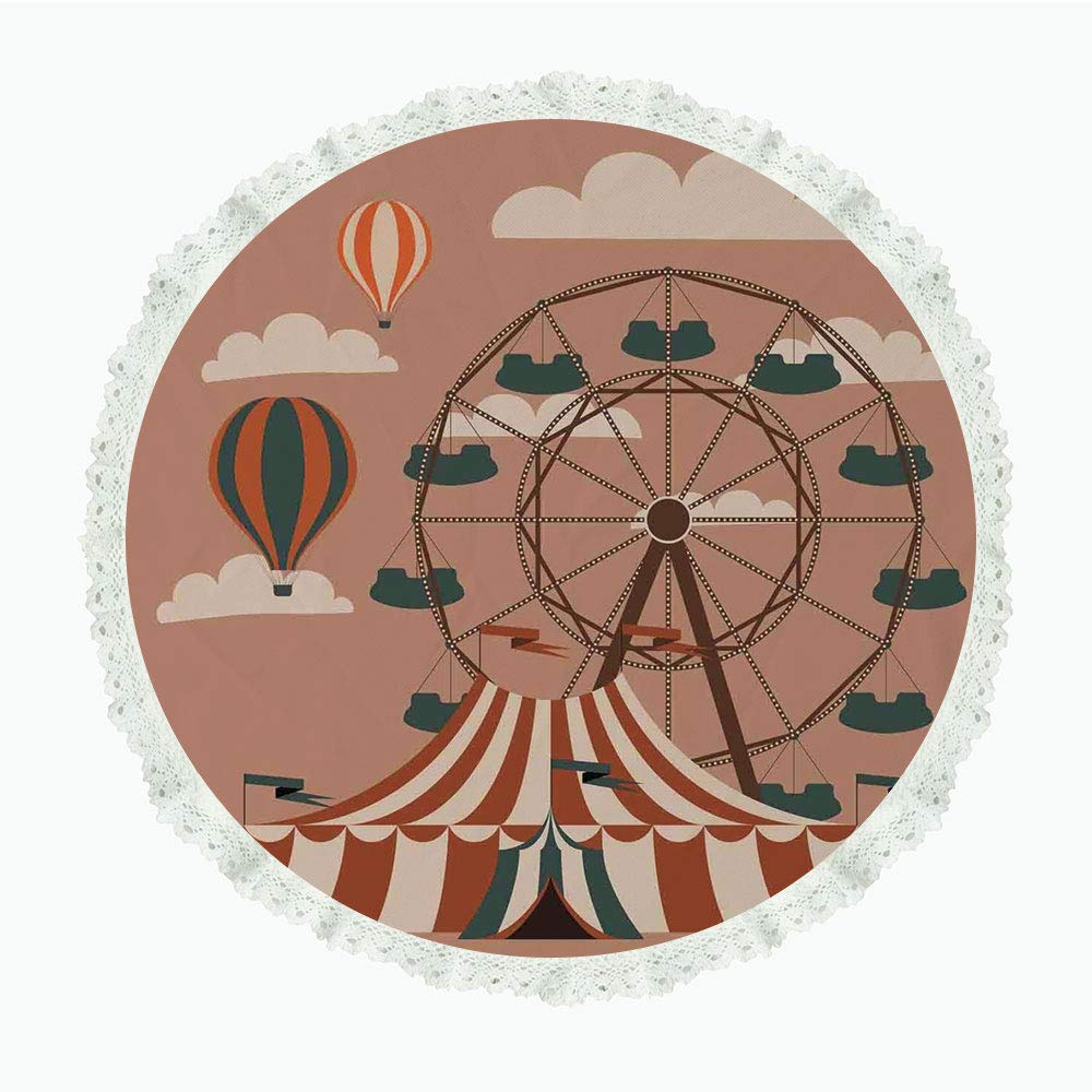 iPrint 85" Round Polyester Linen Tablecloth,Circus,Ferris Wheel Flying Hot Air Balloons Sky Clouds Fun Holiday Themed Illustration,Multicolor,for Dinner Kitchen Home Decor