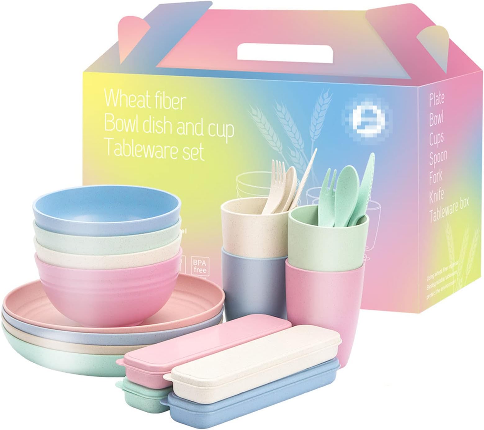 28Pack Wheat Straw Plates Set, Microwave And Dishwasher Safe Dinnerware Set Unbreakable, Cute Camping Plates Cups And Bowls Set with Forks Spoons,D