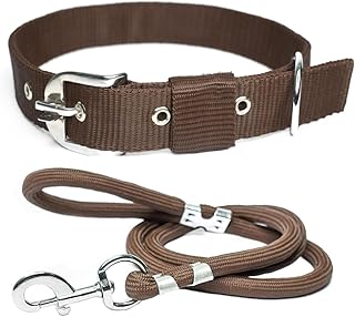 VIP Collection Dog Collar & Rope Leash Set – Adjustable Nylon Collar (1 Inch, Medium, 16"-25") with 5ft Braided Nylon Leash, Durable for Walking, Training & Running, Brown, for All Breeds
