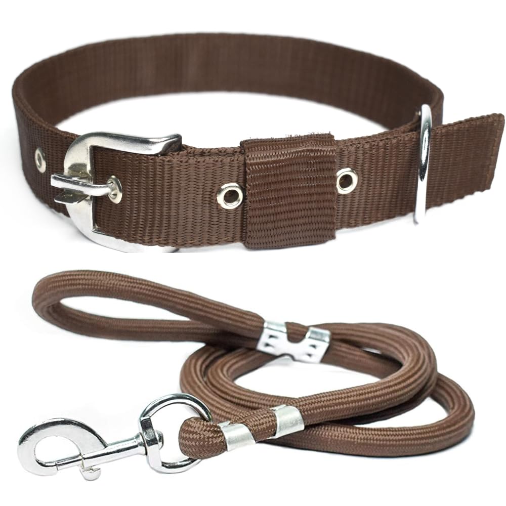 VIP Collection Dog Collar & Rope Leash Set – Adjustable Nylon Collar (1 Inch, Medium, 16"-25") with 5ft Braided Nylon Leash, Durable for Walking, Training & Running, Brown, for All Breeds
