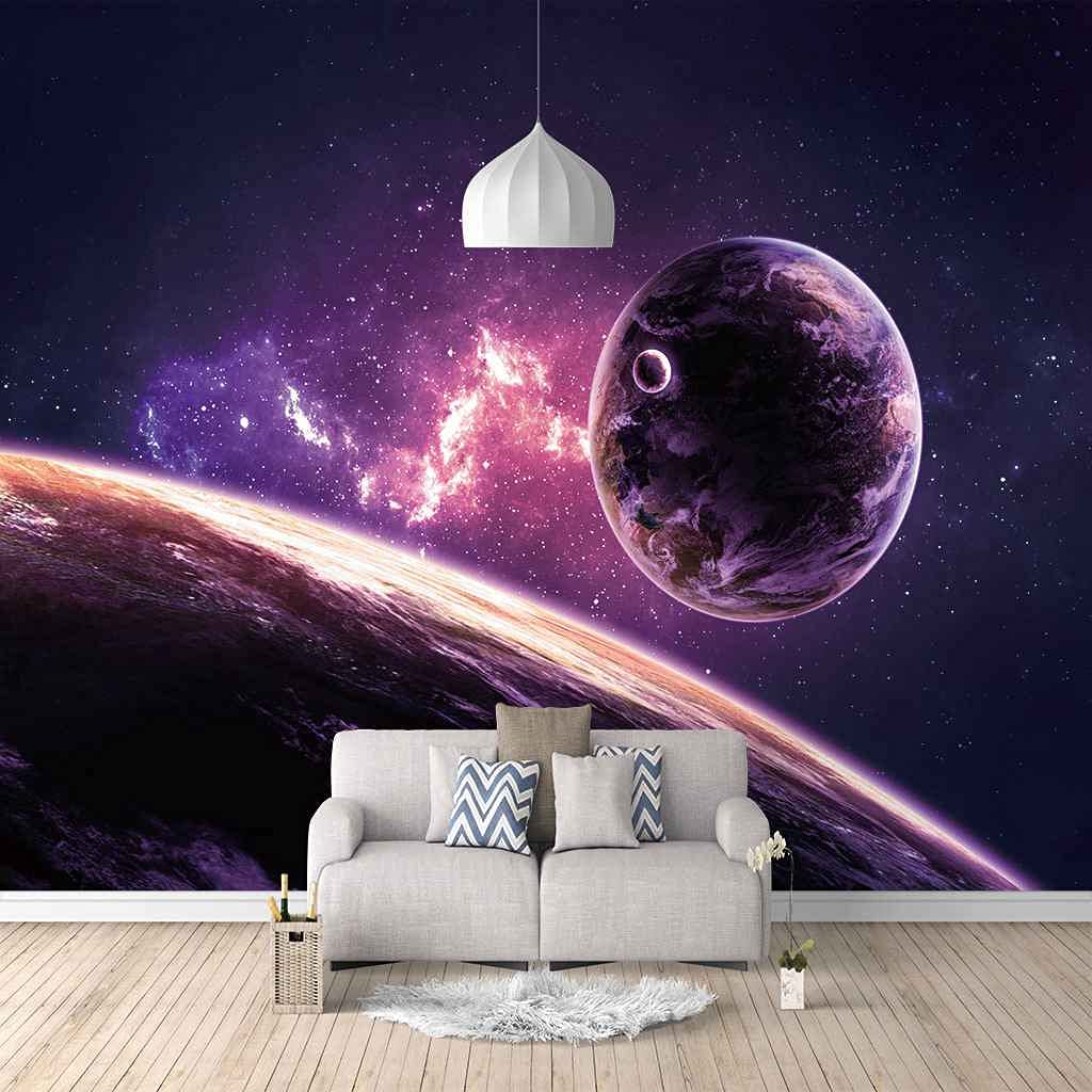 Papier peint panoramique 3D pour masquer un grand mur blanc salon déco espace violet