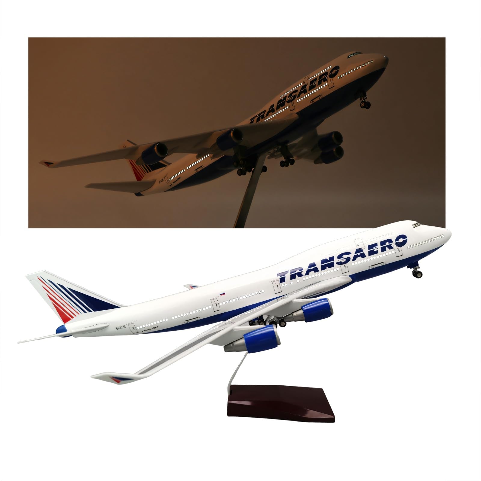 47CM 1:150 Russia Transaero Airlines B747 modello di aereo aereo macchina for pressofusione con luce e carrello di atterraggio ruote for appassionati aviazione, arredamento(With light)