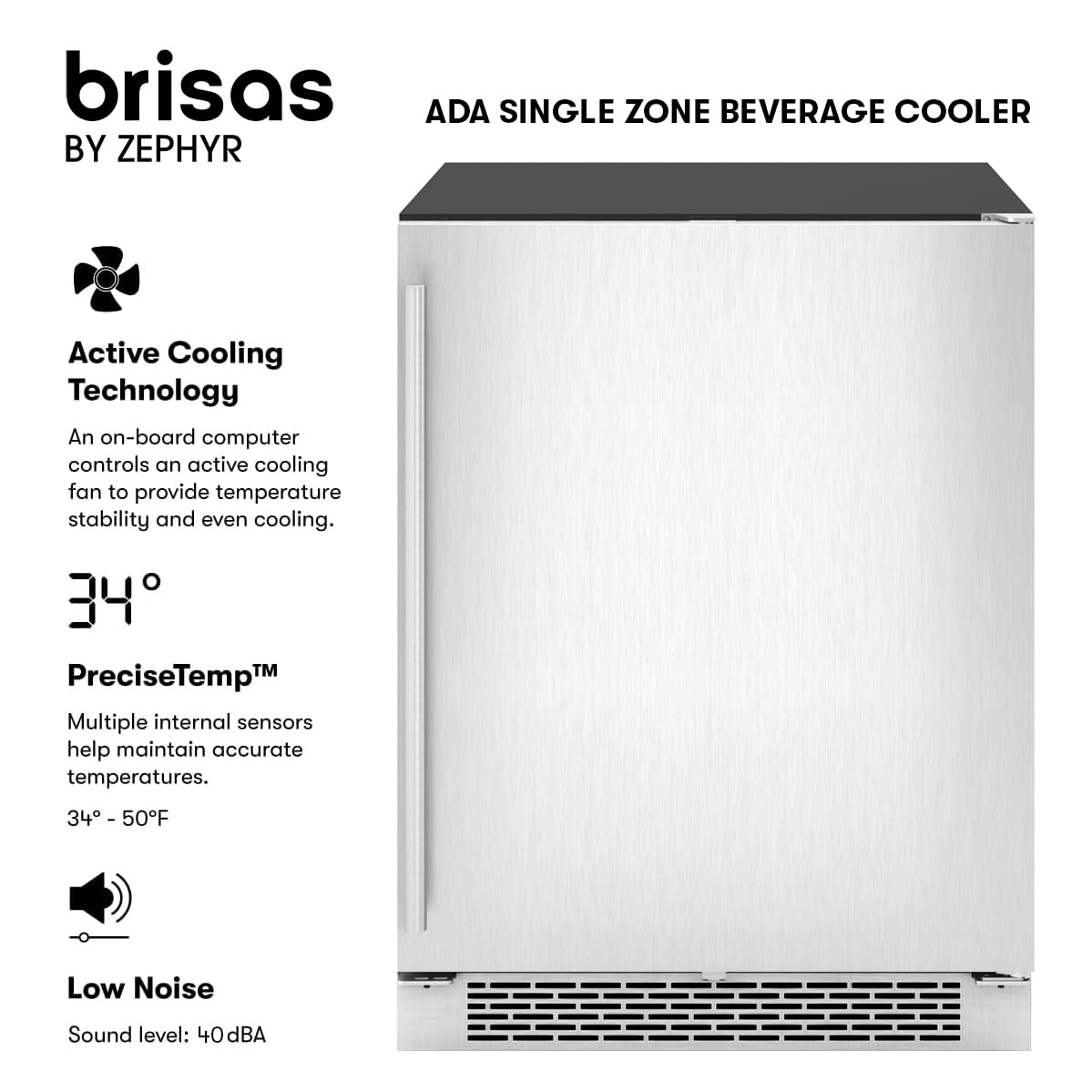 Zephyr Brisas 24" Wine Fridge & Beverage Refrigerator ADA Single Zone Under Counter - Mini Wine Cooler Cellars Small Beer Cabinet Drink Chiller Freestanding Stainless Steel Door - 8 Bottles 98 Cans on Fridge.com - View 2