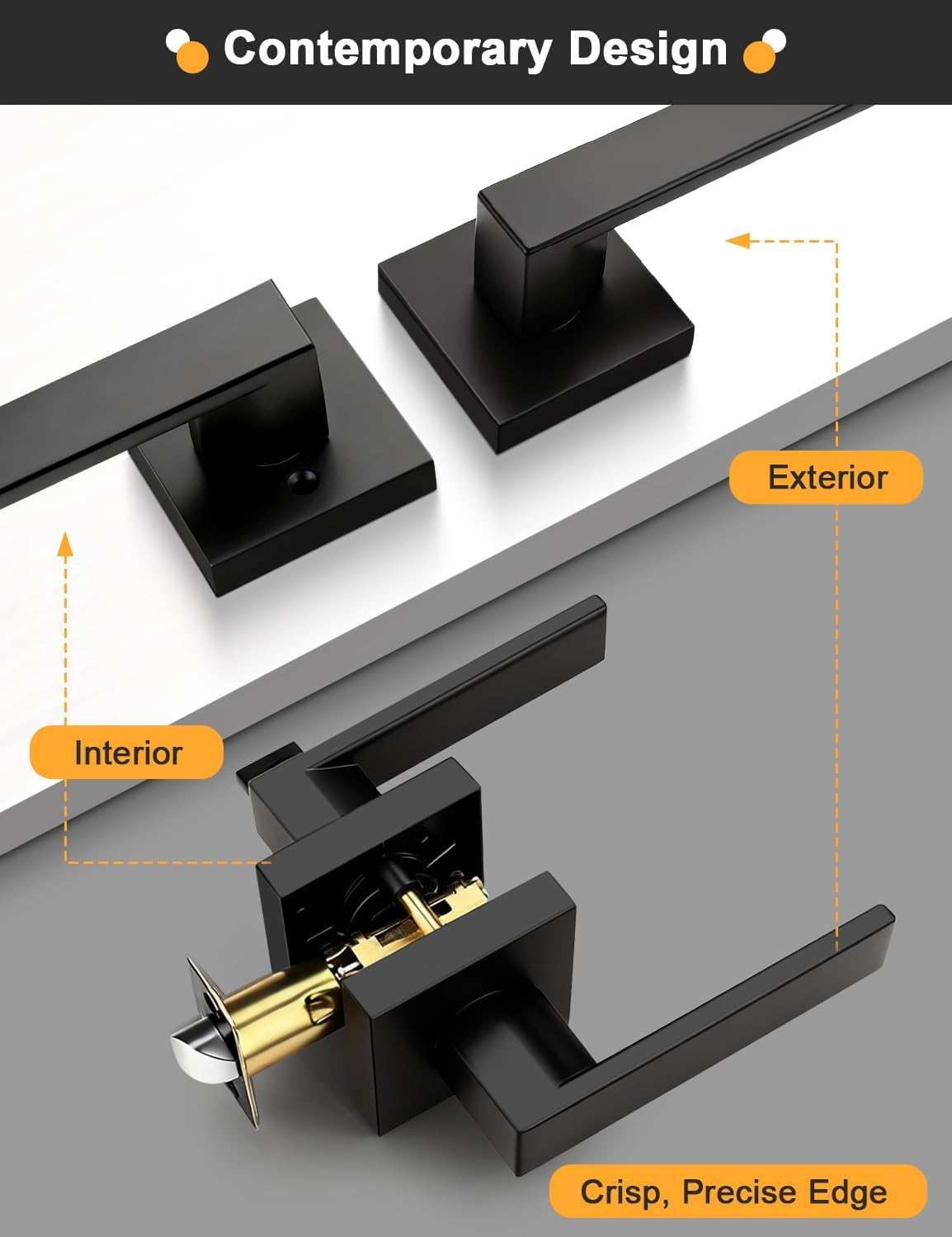 Gobrico 6 Pack Square Black Door Handles Interior, No Lock Passage Door Lever for Left or Right Handing, Heavy Duty Matte Black Closet Door Handle Sets