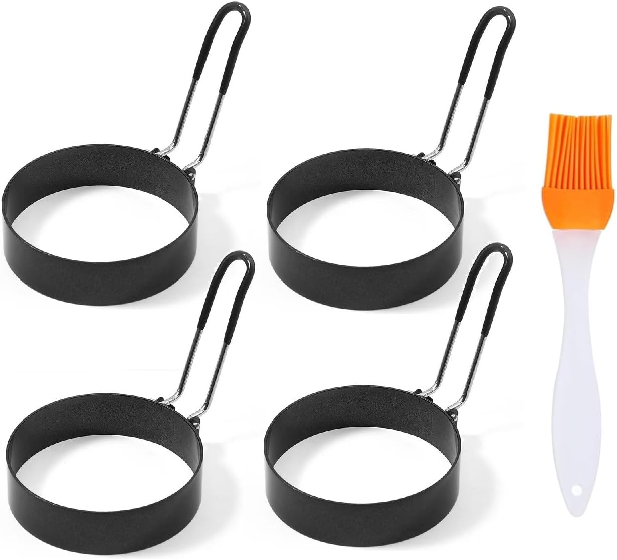 3.5" Egg Rings 6“ Pancake Mold with Silicone Handle, Round Mold for English Muffins - Griddle Cooking Shaper for Indoor Camping Breakfast Sandwiches w/Silicone Oil Brush set of 6 (4pcs 3.5"+2pcs 6")