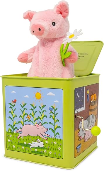 Jack Rabbit Creations Poppy the Pig Jack in the Box Musical Tin, Plush Pop-Up Plays Old Macdonald Had a Farm Cause & Effect Farm Gift, Toddler Ages 3+