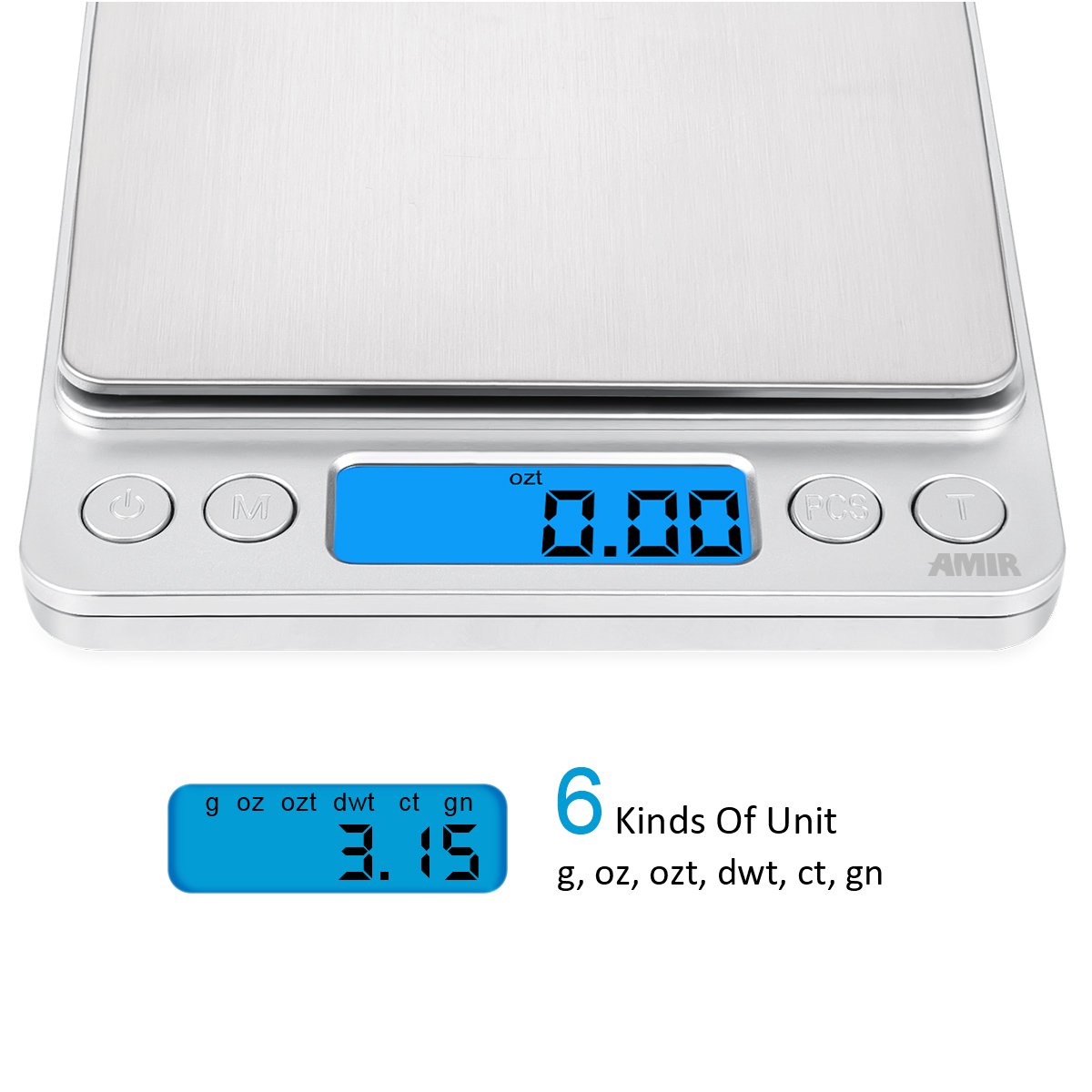 Balance de cuisine numérique, 500 g/0,01 g, mini balance de poche pour bijoux avec écran LCD rétroéclairé, 2 plateaux, 6 unités, fonction tare PCS, argent (piles incluses)