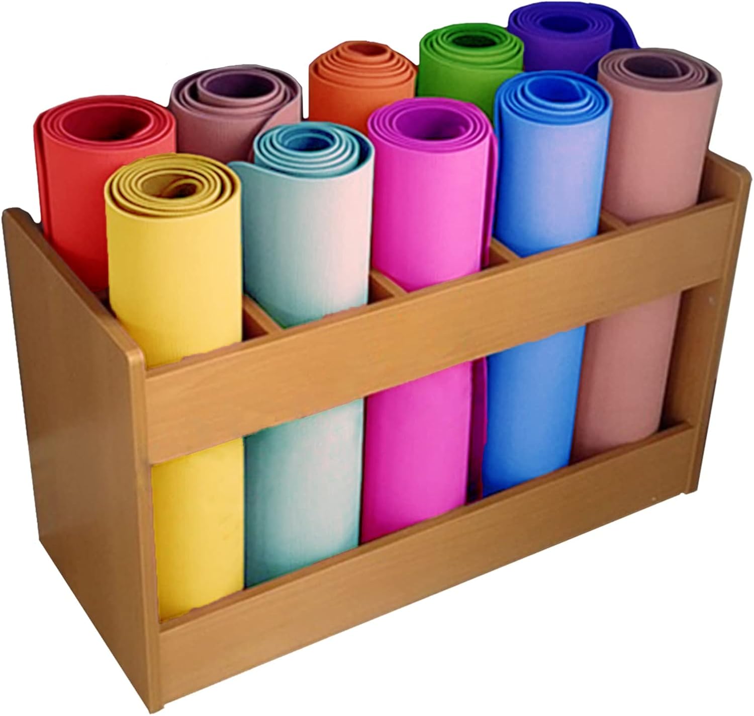 Organizer Holder Exercise Equipment 10 Yoga Mat/Carpet Storage Rack, Wooden Organiser Holder for Yoga Studio/Dance Studio/Nursery/Shop, Wooden Color