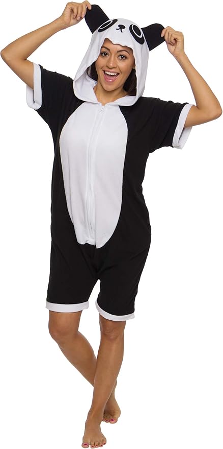 Amazon Com Panda Short Sleeve Animal Pajamas Plush Adult One Piece Summer Cosplay Costume Silver Lilly Black White Small Clothing Shoes Jewelry