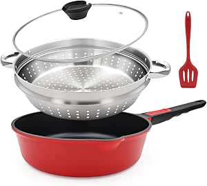 Bobikuke 12-Inch Steamer Pan with Lid – Nonstick Deep Frying Skillet