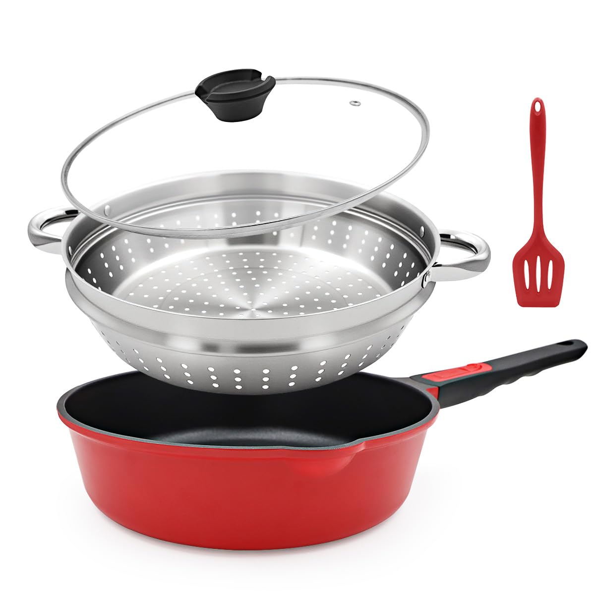 Bobikuke 12 Inch Steamer Pan Nonstick, Deep Frying Pan Skillet with Lid, Red