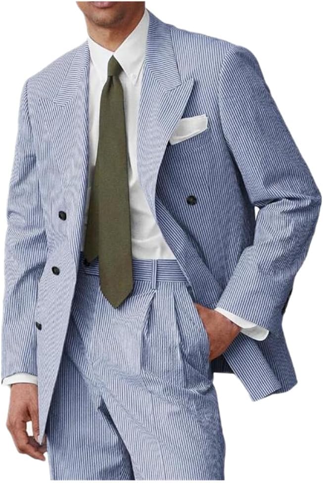 Striped Blazer Tuxedo Seersucker Summer Men Suits 2Pcs Mens Wedding Grooms