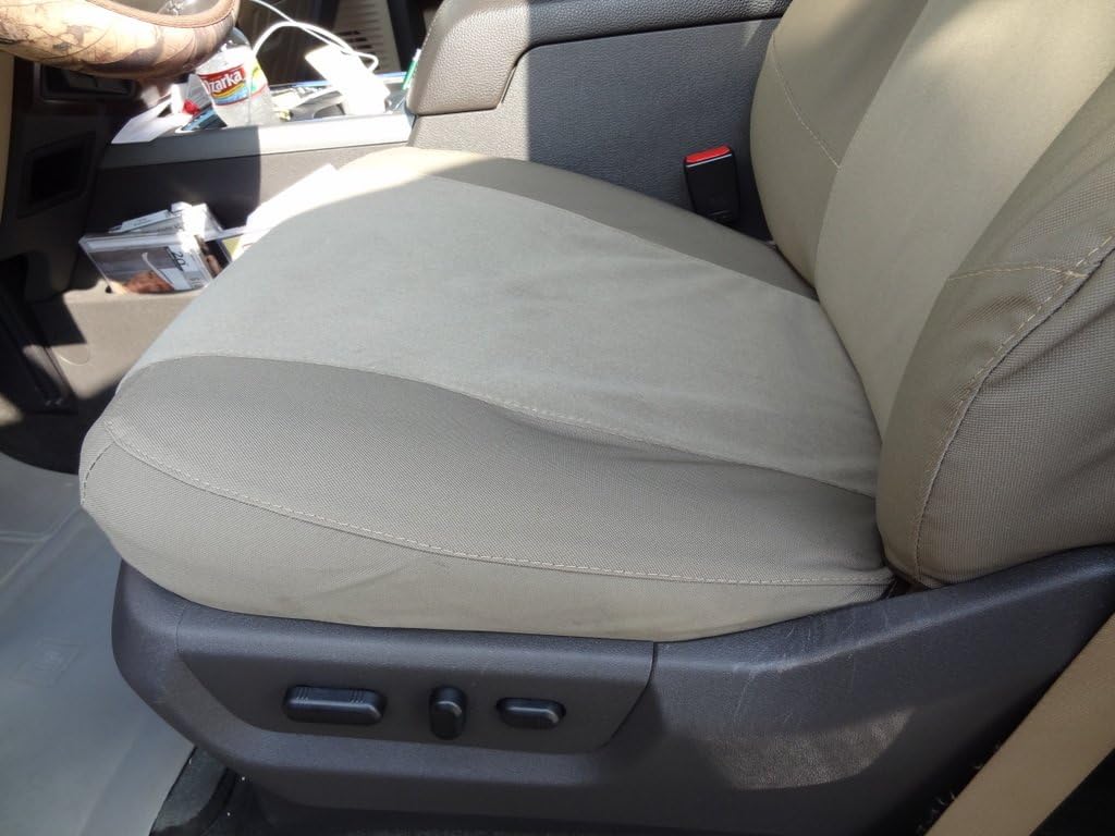 Durafit Seat Covers Made to fit 2011-2015 Ford F250-F550 Lariat and King Ranch Front Bucket Seats and Rear 60/40 Split Bench with Integrated Seat Belts in Tan/Taupe 2-Tone Twill/Velour Fabric