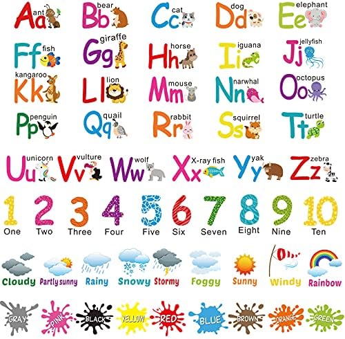 6 Sheets Alphabet Number Color Weather Learning Educational Wall Decals Peel and Stick Alphabet Wall Stickers Educational Classroom Stickers for Kids Playroom Bedroom Decorations