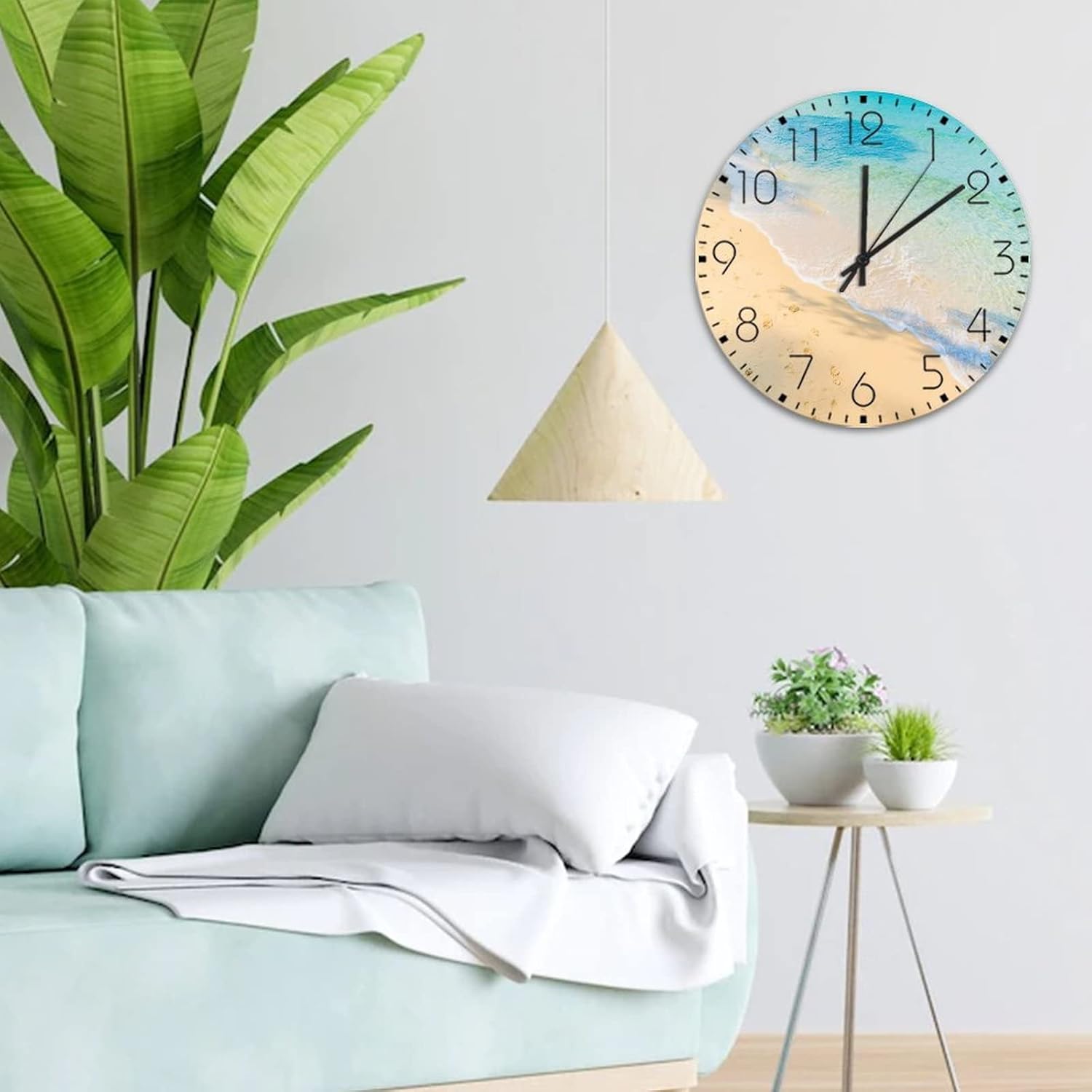 Wooden Wall Clock Round Silent Non-Ticking Beach Scene Ocean Theme Sea Rustic Wall Clocks Shoreline Seascape Pictures Wooden Wall Decor for Washroom Patio Pool 12 Inch